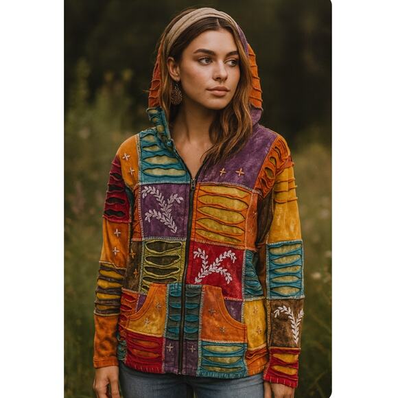 Stonewashed Embroidered Hood Jacket, Artsy Stretchy Cotton Zip  Sweatshirt M - Picture 1 of 11